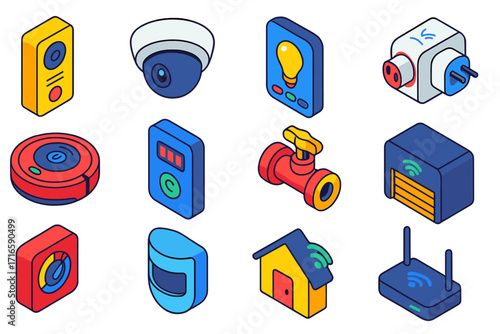 Smart Home Icons. Isometric vector illustration set smart home icons: smart intercom, dome security camera, app-controlled bulb,