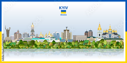 Kyiv city skyline with a frame border in the colors of the flag of Ukraine. Vector illustration