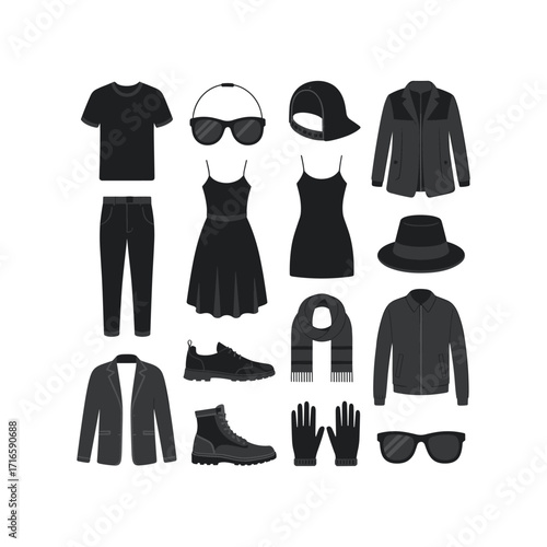 Collection of black clothing accessories and footwear arranged for fashion display