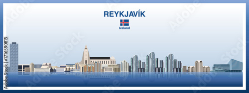 Reykjavik city skyline on a beautiful day sky background with a gradient frame border. Vector illustration
