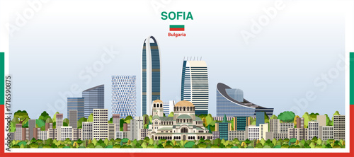 Sofia city skyline with a frame border in the colors of the flag of Bulgaria. Vector illustration