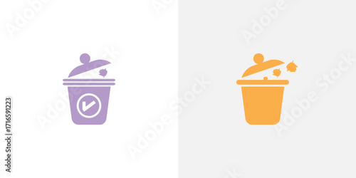 Two stylized icons representing trash cans with different contents
