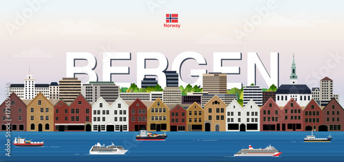 Bergen cityscape colorful vector illustration with a big city name on the background. Travel trendy poster