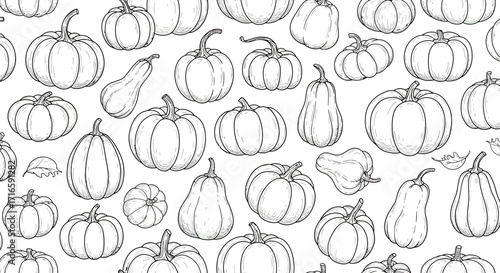 Vibrant hand-drawn pumpkin pattern evoking autumn harvest bounty and festive spirit, perfect for seasonal decor and design projects