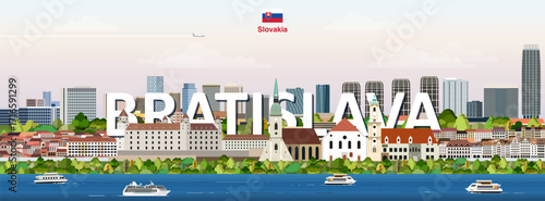 Bratislava cityscape colorful vector illustration with a big city name on the background. Travel trendy poster