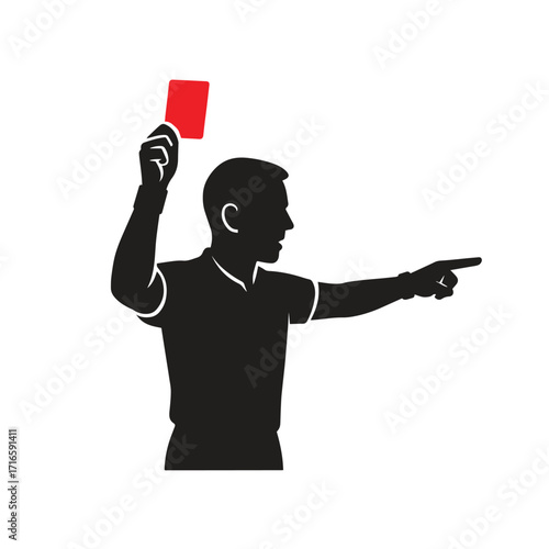 Vector silhouette icon illustration of a football referee holding up a card with one hand while pointing with the other hand to order a player is sent off