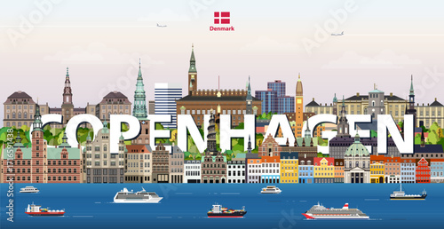 Copenhagen cityscape colorful vector illustration with a big city name on the background. Travel trendy poster