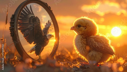 Chick facing mirror reflecting eagle symbolizing potential, growth, self discovery, leadership, motivation, courage and transformative journey of inner strength