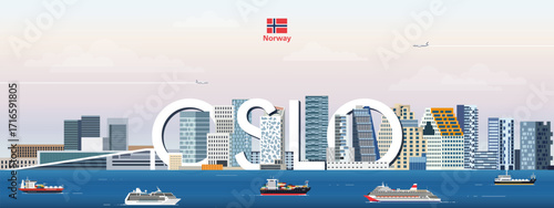 Oslo cityscape colorful vector illustration with a big city name on the background. Travel trendy poster