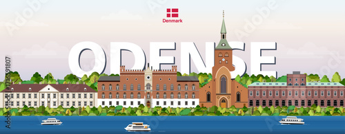Odense cityscape colorful vector illustration with a big city name on the background. Travel trendy poster