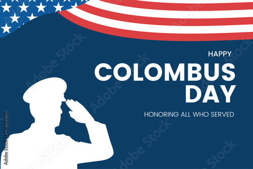 Patriotic holiday banner featuring a saluting soldier silhouette, honoring American service members with a USA flag background