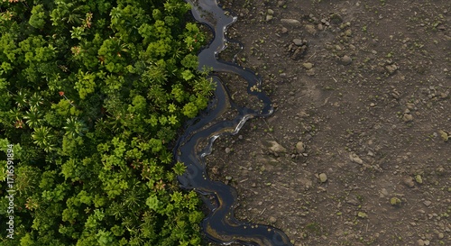 Visualizing biodiversity loss, a dark, metallic oil slick consumes a vibrant rainforest floor, creating a stark and dramatic line between colorful life and lifeless grey barrenness