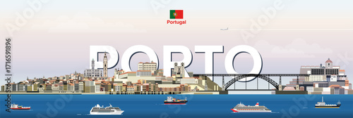Porto cityscape colorful vector illustration with a big city name on the background. Travel trendy poster