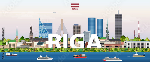 Riga cityscape colorful vector illustration with a big city name on the background. Travel trendy poster