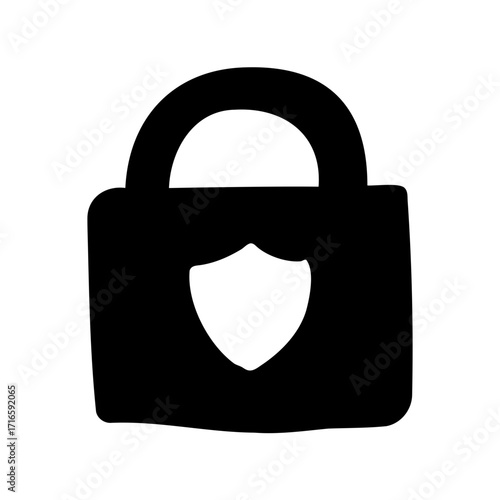 Stylized black padlock icon with security shield in the center of it