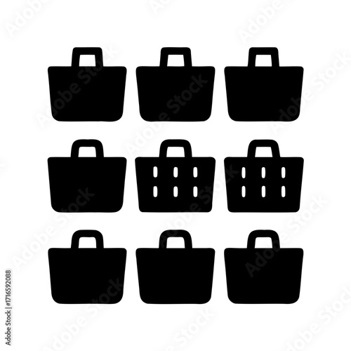 Nine stylized shopping baskets in a three by three grid formation
