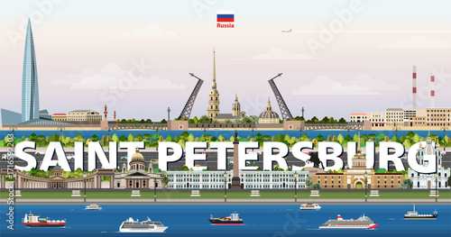 Saint Petersburg cityscape colorful vector illustration with a big city name on the background. Travel trendy poster