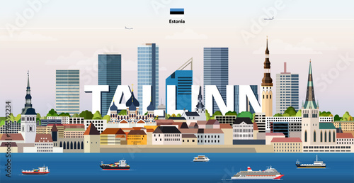 Tallinn cityscape colorful vector illustration with a big city name on the background. Travel trendy poster