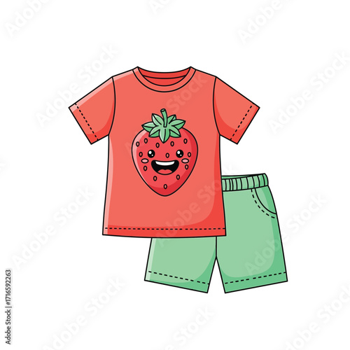 Adorable cartoon strawberry print t-shirt and matching shorts set for toddlers, perfect lightweight summer clothing for playful kids and comfortable wear for everyday adventures