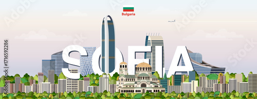 Sofia cityscape colorful vector illustration with a big city name on the background. Travel trendy poster