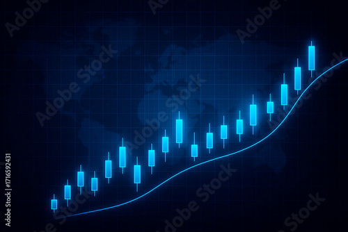 Stock market growth graph with blue digital bars and upward arrows