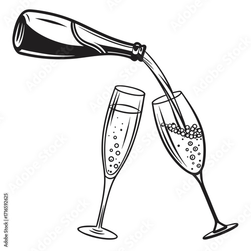 illustration of champagne bottle and glass