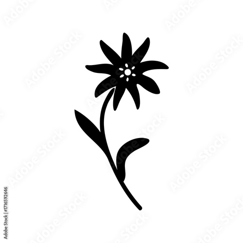 Elegant black silhouette illustration of a flower with pointed petals and leaves