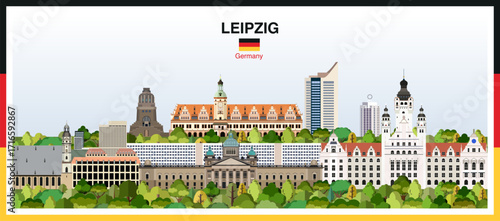 Leipzig city skyline with a frame border in the colors of the German flag. Vector illustration