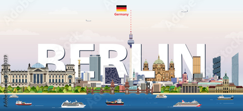 Berlin cityscape colorful vector illustration with a big city name on the background. Travel trendy poster