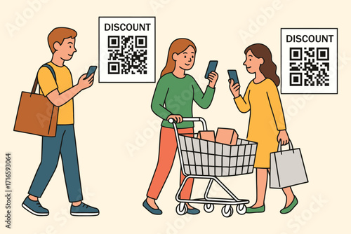 People scanning qr codes for discounts in a modern retail shopping environment