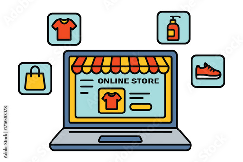 Laptop displaying an online store with various products for sale