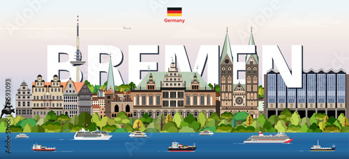 Bremen cityscape colorful vector illustration with a big city name on the background. Travel trendy poster