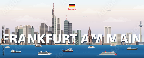 Frankfurt cityscape colorful vector illustration with a big city name on the background. Travel trendy poster