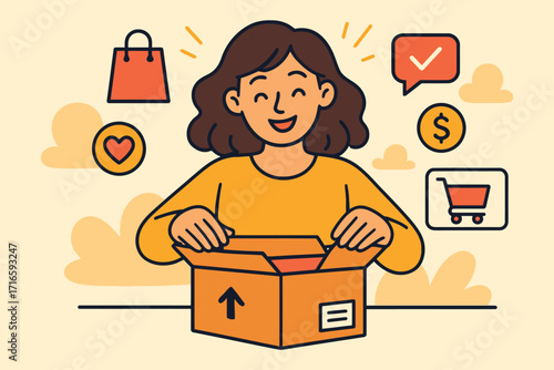 Happy woman opening a package with online shopping icons and clouds