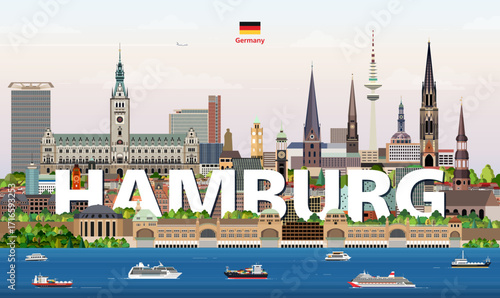 Hamburg cityscape colorful vector illustration with a big city name on the background. Travel trendy poster