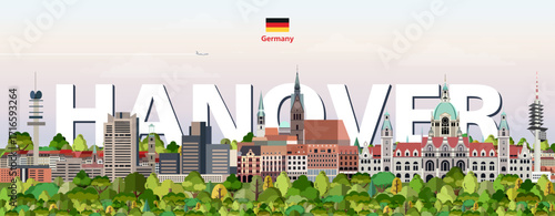 Hanover cityscape colorful vector illustration with a big city name on the background. Travel trendy poster