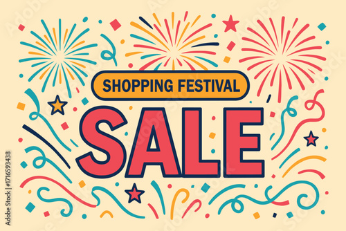 Bright shopping festival sale with fireworks and confetti celebration