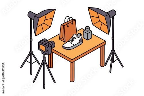 Product photography setup with lighting camera and table showcasing a shoe