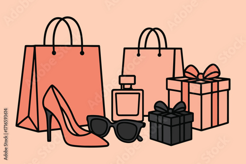 Stylish shopping haul with high heel shoe perfume sunglasses and gift boxes