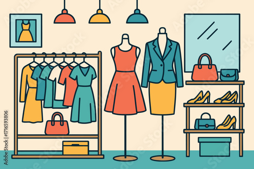 Fashionable boutique clothing store interior with dresses suits and accessories