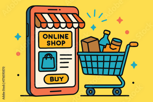 Smartphone displaying online shop with shopping cart full of products