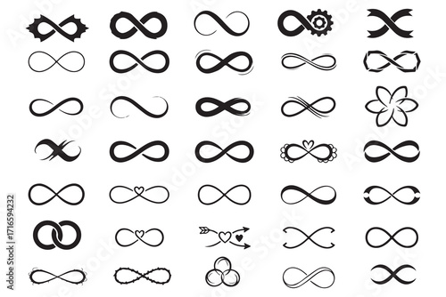Infinity symbols collection, black infinity vector illustrations, white background design elements, logo and branding icons, mathematical representation, classic and modern styles