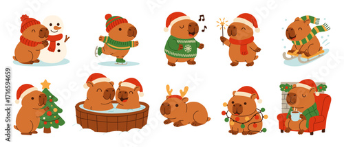 A collection of cute capybaras wearing Santa hats and winter clothing. Some of the animals are playing in the snow, while others are relaxing in a hot tub