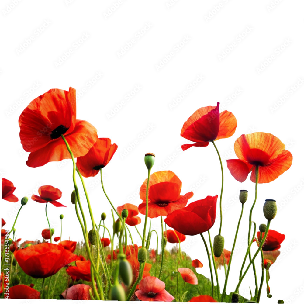 Naklejka premium Vibrant red poppies bloom against a stark and dramatic black background