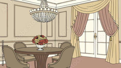 Luxurious Dining Room with Crystal Chandelier, Floral Centerpiece and Wooden Furniture Vector 