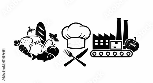 Food industry concept with fresh produce, culinary expertise, and manufacturing, perfect for food production, agriculture, and culinary arts marketing