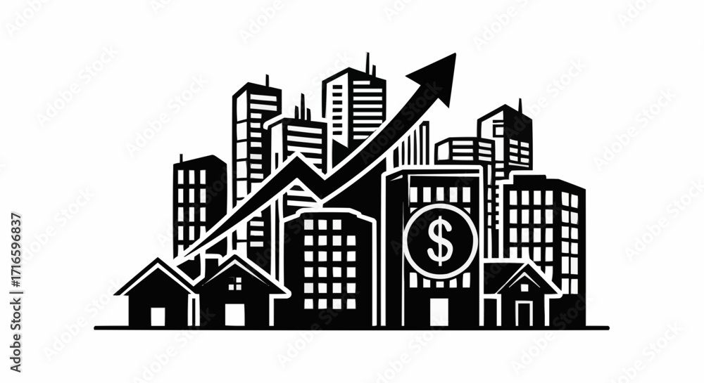 Fototapeta premium Real estate market growth illustration with upward trend arrow and city skyline, depicting property value increase, investment, and financial success