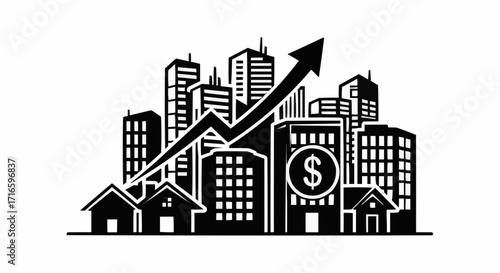 Real estate market growth illustration with upward trend arrow and city skyline, depicting property value increase, investment, and financial success