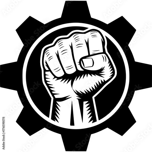Strength in Unity: A powerful and dynamic emblem features a clenched fist symbolizing solidarity and resilience, encircled by a gear, representing industry and collective effort.