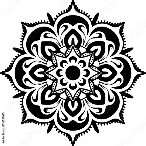 Mandala Art: A mesmerizing monochrome mandala, radiating intricate symmetry and symbolic depth, evoking tranquility and spiritual reflection. 